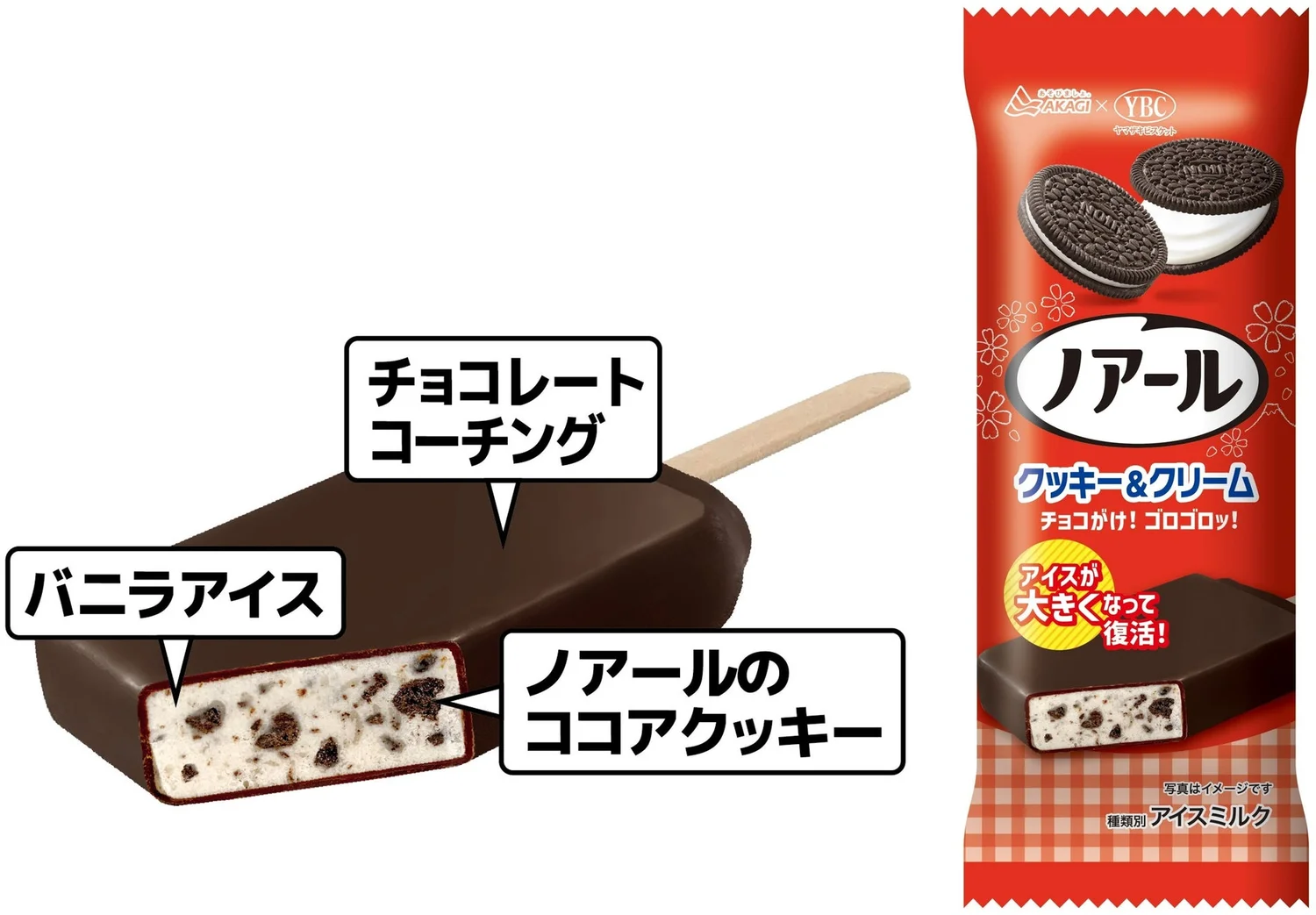 Close-up of the ice cream layers showing generous cocoa cookie pieces and the chocolate coating