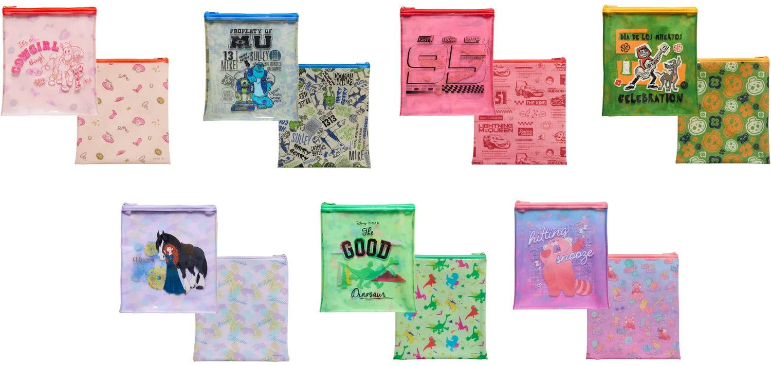 Flat pouches with different Pixar character illustrations on both sides