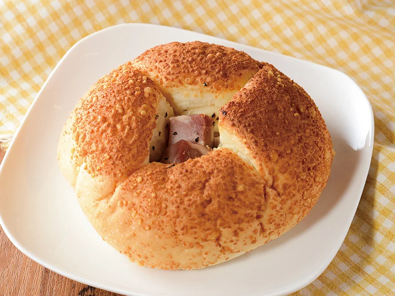 Savory French bread with large cubes of bacon