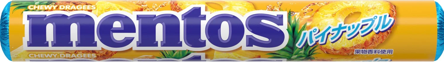 Vibrant yellow and blue packaging design of Mentos Pineapple