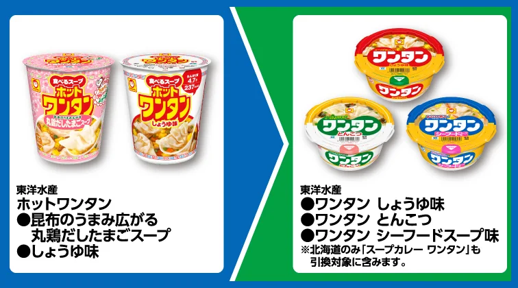 東洋水産 ホットワンタン 昆布のうまみ広がる 丸鶏だしたまごスープ、しょうゆ味 いずれか1個買うと、東洋水産 ワンタン しょうゆ味、ワンタン とんこつ、ワンタン シーフードスープ味 いずれか1個無料引換券もらえる ※北海道のみ「スープカレー ワンタン」も引換対象に含みます。