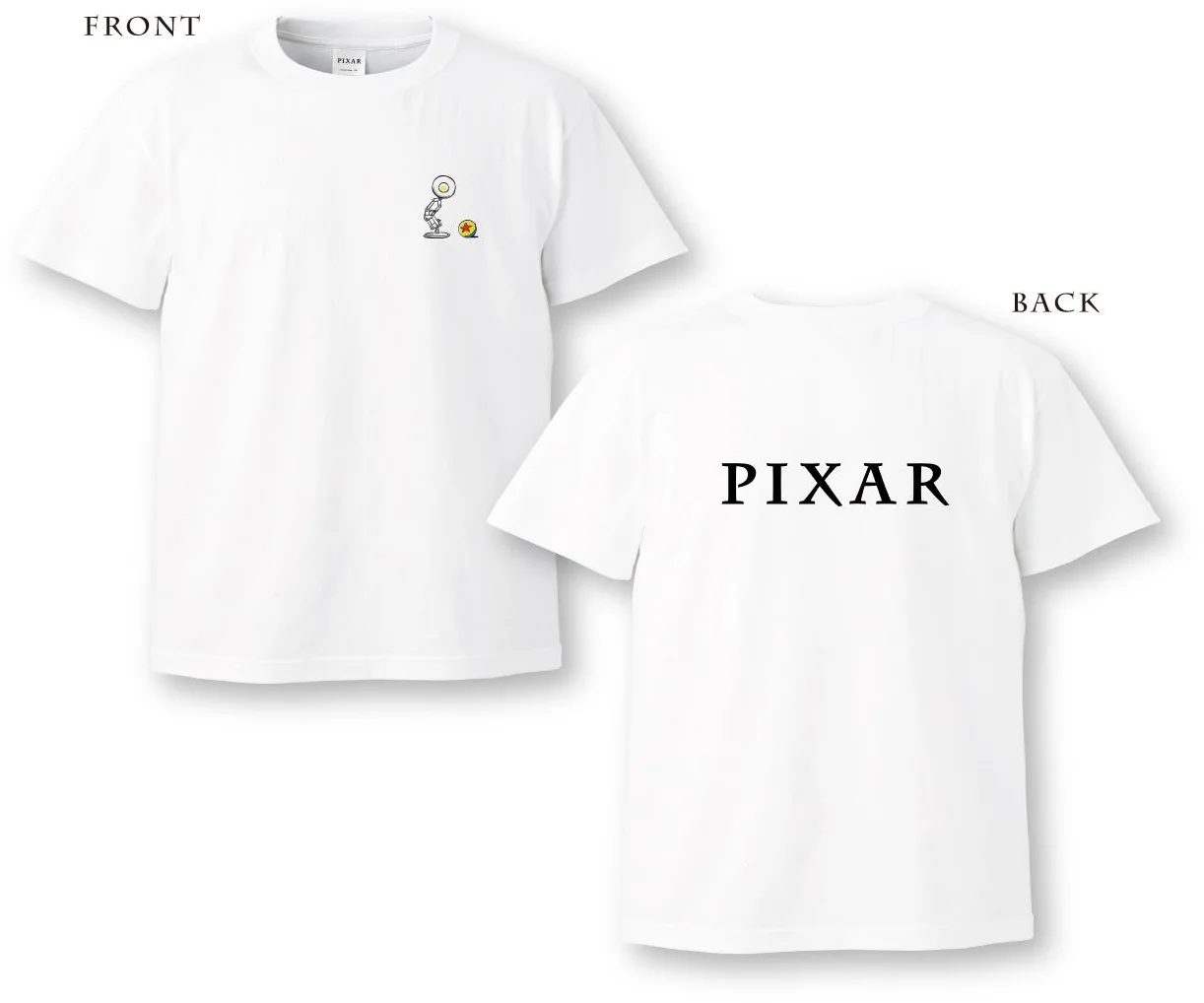 A white T-shirt featuring the iconic Pixar lamp and logo
