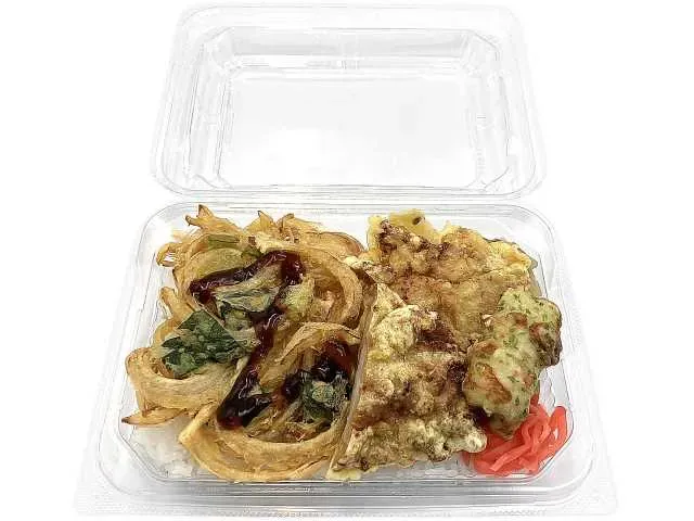 Japanese Style Bento Box with Vegetable Kakiage and Chicken Tempura