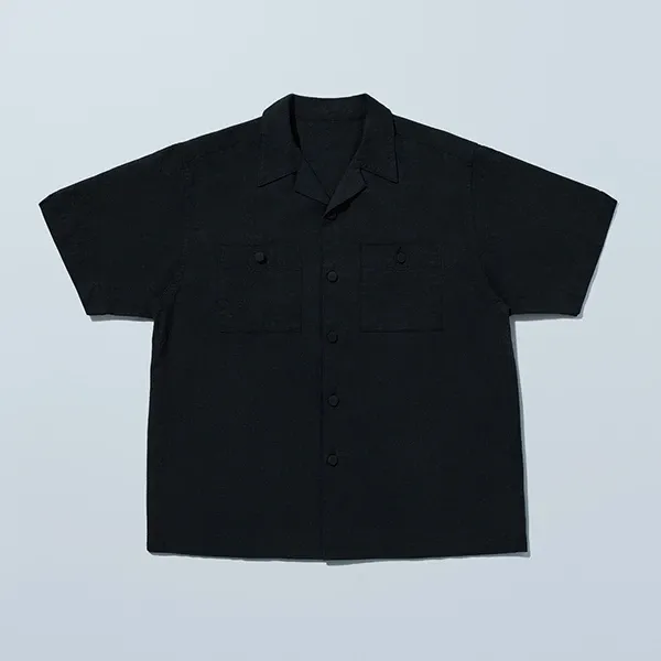 Cotton Linen Open Collar Shirt Black